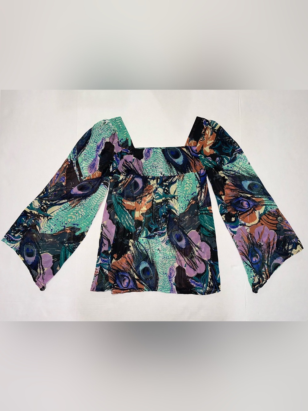 Peacock Feather Print Breezy Bell Sleeve Y2K Flowy Boho M Blouse *Small Snag*